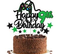 Gidobo Happy 9th Birthday Cake Topper for Boys, Green Glittery Video Game Cake Toppers Game On with Controllers for Nine Years Old Birthday Party Supplies