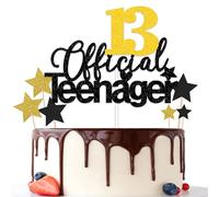 Gidobo Official Teenager 13 Cake Toppers, Black Gold Glittery Cake Decorations with Stars, Thirteen Years Old Birthday Party Supplies for Boys and Girls