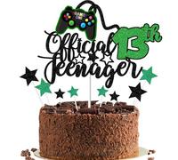 Gidobo Official Teenager 13th Birthday Cake Topper for Boys, Green Glittery Video Game Cake Toppers Game On with Controllers for Thirteen Years Old Birthday Party Supplies