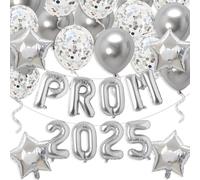 Gidobo Prom 2025 Balloons, Silver Foil Banner with 16pcs Latex Balloons for 2025 Graduations College High School Grad Party Supplies