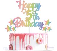 Gidobo Rainbow 5th Birthday Cake Toppers, Pastel Cake Decorations with Star Pick, 1pcs Rainbow Glittery Cake Topper & 6pcs Star Cupcake Toppers, 5th Birthday Party Celebrations