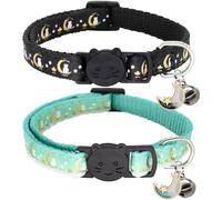 Giecooh 2 Pack Breakaway Cat Collar with Bells,Adjustable Moon and Star Kitten Safety Collars for Boys & Girls,Black+Teal