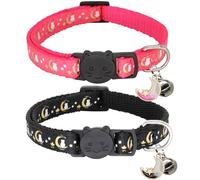 Giecooh 2 Pack Breakaway Cat Collar with Bells, Adjustable Moon and Star Kitten Safety Collars for Boys & Girls, Black+Hotpink