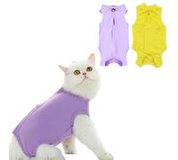 GIEEU 2PCS Cat Recovery Suit, Cat Surgical Recovery Suit, Post-Surgery Cat Body Suit for Female Cats, Soft and Breathable Modal Fabric, Purple & Yellow, Size M (2~4KG Cat)