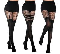 GIEEU 3 Pairs Mock Suspender Tights With Fishnet, Striped High Waist, Opaque Mesh Sexy Stockings for Daily Party Cosplay Night Club