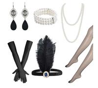 GIEEU 7 Pieces 1920 Accessories Set,Great Gatsby Accessories for Women,20s Party Costume Headband,Black Long Gloves, Headpiece, Necklace,Fishnet Stockings Set Suitable for Parties