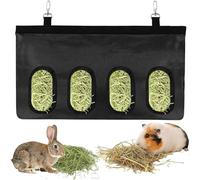GIEEU Hanging Rabbit Hay Feeder Bag 4 Holes Black, Automatic Hay Storage Feeder for Small Pets, Guinea Pig Hamster Hay Feeding Bag