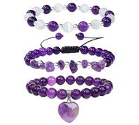GIEEU Healing Crystal Heart Bracelet, 3 PCS Purple Natural Amethyst Crystal Gemston Stone Bracelet for Women, Ultra-Shiny Adjustable Gemstone Jewelry Set with Crushed Stone Design