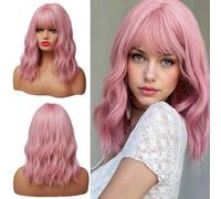 GIEEU Short Wave Pink Bob Wigs for Women - Heat Resistant Synthetic Short Bob Purple Pink Sissy Wig with Bangs Curly Wavy Shoulder Length Cosplay & Daily Fashion Hairpiece