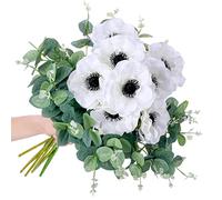 Giegxin 10 Pcs Artificial Anemone Poppy White Flowers & Green Eucalyptus Stems Decor, Faux Flowers, Floral Arrangements for Wedding Bouquet, Garland, Vase, Centerpiece