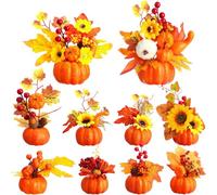 Giegxin 10 Pcs Fake Fall Potted Plants Fall Decor Rustic Artificial Thanksgiving Plants with Pumpkin, Sunflower, Maple Leaf, Pine Cone for Autumn Harvest Decor, Table Centerpiece(Pumpkin)