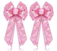 Giegxin 2 Pcs Lighted Pink Christmas LED Wreath Bow Xmas Burlap LED Lights Bow Winter Door Wall Decor Christmas Tree Topper for Indoor Outdoor Winter(Shiny Style)