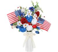 Giegxin 4 Pcs Patriotic Artificial Flowers with 2 American Flags Mixed Bush Red White Blue Rose Tulip Flowers Memorial Day Flower Bouquet for 4th of July Independence Day Grave Home Table Decoration
