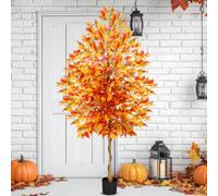 Giegxin 6 ft Fall Ficus Tree with 16.4 ft Light String Artificial Autumn Ficus, USB Plug Warm White 50 LED Lights, Faux Tree Decor for Thanksgiving Fall Party Porch Front Door Outdoor Decoration