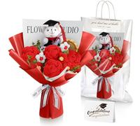 Giegxin Graduation Crochet Flowers Bouquet Set, 2025 Grad Cap Plush Bear Hand Knitted Rose Sunflower Bouquet Greeting Card Gift Bag for Wedding Birthday Mother's Day Party Favors Supplies(Red)
