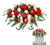 Giegxin Memorial Day Headstone Flower Saddle Cemetery Flowers for Grave Large Red Mums and White Rose Artificial Memorial Bouquets Floral Arrangement Easter Outdoor Graveyard Decoration for Headstone