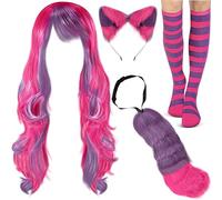 Giegxin Pink and Purple Striped Cat Costume for Women Long Curly Wavy Wig Furry Cat Ears Tail Striped Socks for Halloween Cosplay Costume Accessories, Pink and Purple, One Size