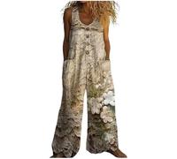 Gienslru Boho Jumpsuits for Women UK Playsuits Sleeveless Dungarees Loose Fit Breathable Ladies Summer Festival Outfit Romper with Pocket Wide Leg Trousers Pants Overalls Hippie Clothes (26,S)