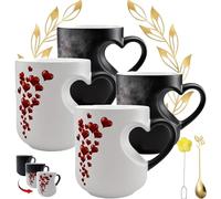 Gienslru Heart-Shaped Color Changing Ceramic Mug, Heat Sensitive Magic Color Changing Coffee Mug with Red Heart Design, Hearts Shaped Handle Ceramic Coffee Cup for Valentine's Day (Black*2)