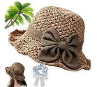 Gienslru Versatile Retro Woven Handmade Straw Hat with Ruffled Bow, Elegant Woven Straw Sun Hat, Straws Hats with Retro Bow, Uv Protection Ruffle Wide Brim Straws Bucket Hats (Khaki)