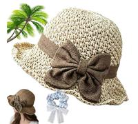 Gienslru Versatile Retro Woven Handmade Straw Hat with Ruffled Bow, Elegant Woven Straw Sun Hat, Straws Hats with Retro Bow, Uv Protection Ruffle Wide Brim Straws Bucket Hats
