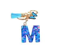 Gierzijia Blue Heart Sequins Butterfly Tassel A-Z Alphabet Resin Keychain for Women,Initial Letter Key Ring Accessories Bag Charms (M)