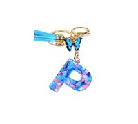 Gierzijia Blue Heart Sequins Butterfly Tassel A-Z Alphabet Resin Keychain for Women,Initial Letter Key Ring Accessories Bag Charms (P)