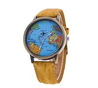 Gierzijia World Map Dial Wrist Watch, Fashion Men Women Airplane Pointer Retro Belt Quartz Watch, Gift for Your Family and Friends, Yellow, One Size, Casual