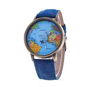 Gierzijia World Map Dial Wrist Watch, Fashion Men Women Airplane Pointer Retro Belt Quartz Watch, Gift for Your Family and Friends, Blue, One Size, Casual