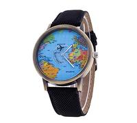 Gierzijia World Map Dial Wrist Watch, Fashion Men Women Airplane Pointer Retro Belt Quartz Watch, Gift for Your Family and Friends, Black, One Size, Casual