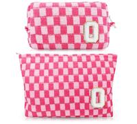Giesiery Makeup Bag Personalized Initial Bags with Zipper Large Checkered Cosmetic Bag Monogram Makeup pouch Bag Pink Capacity Canvas Travel Toiletry Bag for Women Girls Teen Birthday Gifts, pink,