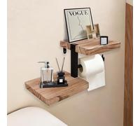 gieto bedding Toilet Roll Holder Wall Mounted with Shelves for Storage, Wooden Toilet Paper Tissue Holder with Vintage Style Double Shelf for Bathroom Kitchen