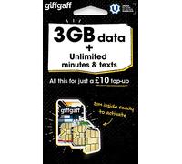 Giff Gaff Sim Card with 3GB Data and Unlimited Minutes and Texts, No Contract (£10.00 Top-Up Upon Activation Required)