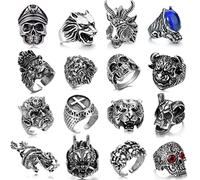 GIFIKOI 16 Pcs Vintage Punk Rings Set Gothic Biker Adjustable Rings Skeleton Skull Ring Drgon Lion Wolf Tiger Head Ring, Cubic Zirconia, Metal, Cubic Zirconia
