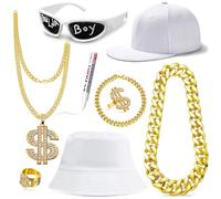 GIFIKOI 80 90s Accessories Outfit for Men Hip Hop Rapper Costume Set Fake Gold Chain Money Sign Necklace Hip Hop Rapper Hat Cap Costume Jewelry White