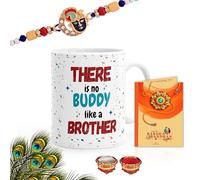 Gift Arcadia Rakhi for Brother with Printed Ceramic Mug Combo |Pack of 4 (Greeting Card, Roli Chawal, Rakhi, Printed Mug) | Best Gift for Brother (White-1)