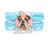 Gift Artistic Big Eyes Bulldog Love Adjustable Leather Braided Bracelet Blu
