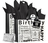 Gift Bag, 2 PCS Medium Gift Bag Happy Birthday Gift Bags for Presents with 6 Tissue Paper and 2 Greeting Card for Women Men Kids Birthday (Black and White)