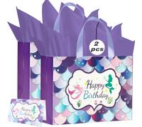 Gift Bag, 2 PCS Medium Gift Bag Happy Birthday Gift Bags for Presents with 6 Tissue Paper and 2 Greeting Card for Women Men Kids Birthday (Purple Mermaid)