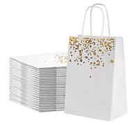 Gift Bag for Party 24 Pieces Kraft Classic Paper with Handles Bulk, Paper Shop Kraft Birthday Restaurant Take Away Shop Retail Sacks, Cardboard, White, Gold, 21x8x15 cm (Pack of 24)