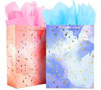 Gift Bag Large-2 Gift Bags with FREE 4 Tissue Paper-Birthday Gift Bag Set with Handle-Paper Gift Bags for Present-Pink and Blue Gift Bags for Women Men Kids Boy Girl Present Bag for Birthday Party Bag