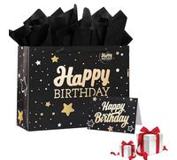 Gift Bag Large 33cmx12cmx26cm, Black Gold Luxury Gift Bag with gift Card and Tissue Paper Party Bags for Presents, Large Birthday Gift Bag for Her Women Men Boys Girls Birthday Party Bag