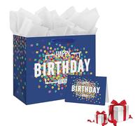 Gift Bag Large 33cmx12cmx26cm, Blue Dots Luxury Gift Bag with gift Card and Tissue Paper Party Bags for Presents, Large Birthday Gift Bag for Her Women Men Boys Girls Birthday Party Bag