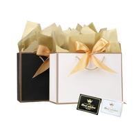 Gift Bags, 2PCS Medium Paper Gift Bags with Ribbon, 4 Tissue Paper, and 2 Greeting Cards, Black and White Present Bags for Birthday Bridesmaid Wedding Party Christmas Gifts 20 x 10 x 32cm