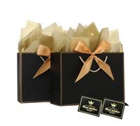 Gift Bags, 2PCS Medium Paper Gift Bags with Ribbon, 4 Tissue Paper, and 2 Greeting Cards, Black Present Bags with Handles for Birthday Bridesmaid Wedding Party Christmas Gifts 20 x 10 x 30cm