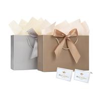 Gift Bags, 2PCS Medium Paper Gift Bags with Ribbon, 4 Tissue Paper, and 2 Greeting Cards, Champagne Gold and Silver Present Bags for Birthday Bridesmaid Wedding Party Christmas Gifts 20 x 10 x 35cm