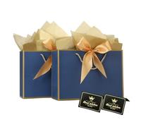 Gift Bags, 2PCS Medium Paper Gift Bags with Ribbon, 4 Tissue Paper, and 2 Greeting Cards, Dark Blue Present Bags with Handles for Birthday Bridesmaid Wedding Party Christmas Gifts 20 x 10 x 34cm