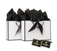 Gift Bags, 2PCS Medium Paper Gift Bags with Ribbon, 4 Tissue Paper, and 2 Greeting Cards, White with Black Frame Present Bags for Birthday Bridesmaid Wedding Party Christmas Gifts 20 x 10 x 31cm