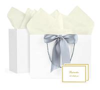 Gift Bags, 2Pcs Paper Gift Bag with 4 Tissue Papers and 2 Cards, Present Bags with Handles for Women Girls Bridesmaid Birthday Valentines Wedding Party, White