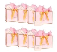 Gift Bags,8Pcs Paper Gift Bag with 8 Tissue Paper and 8 Greeting Cards,Pink Medium Gift Bags,Present Bags with Handles for Women Girls Bridesmaid Birthday Valentines Wedding Party